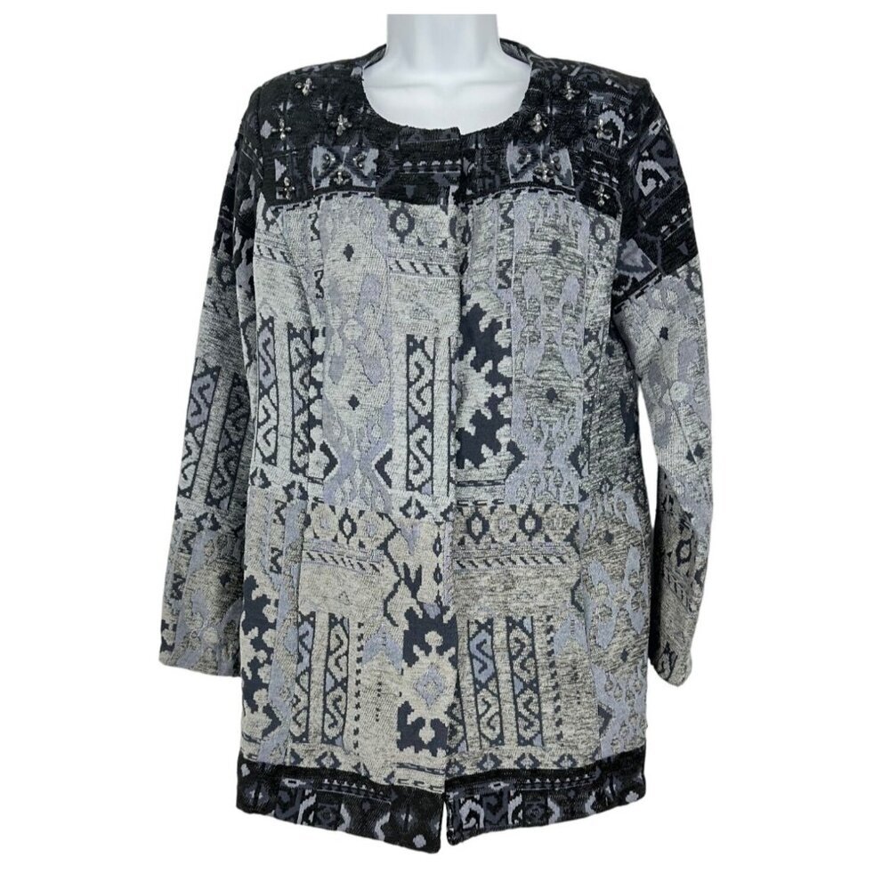 SUSAN GRAVER Artisan Embellished Snap Close Tapestry Jacket Grey Size 6